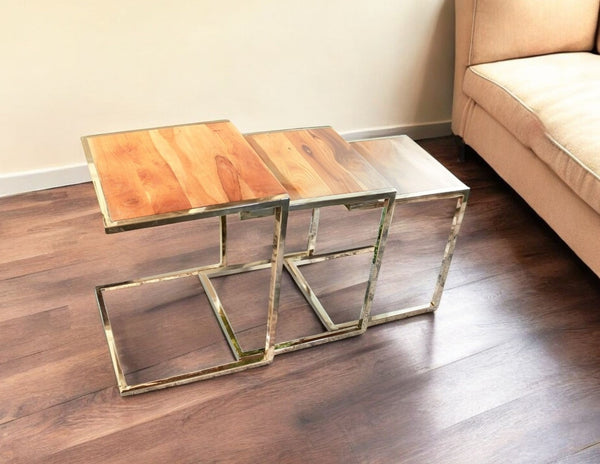 HomeRoots Set of Three Modern C-Shaped Nesting End Tables with Solid Mango Wood & Gold Metal Finish Design 471994