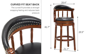 English Elm Seat 29.5" Cow-Top Leather Bar Stool With 360° Swivel, Contoured Back & Durable Wood Frame, Black W2195P331494-GIGA