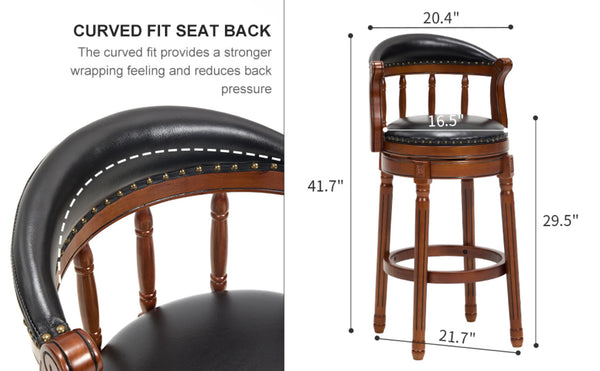 English Elm Seat 29.5" Cow-Top Leather Bar Stool With 360° Swivel, Contoured Back & Durable Wood Frame, Black W2195P331494-GIGA