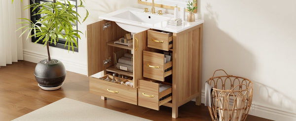 English Elm 36" Wood Bathroom Vanity Cabinet with Solid Frame, Ceramic Sink, Soft-Close Doors & Organized Drawers N729P321351N