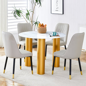 English Elm Round white dining table with faux marble top, gold MDF legs, seats 4, easy-clean, quick assembly W1151S00812