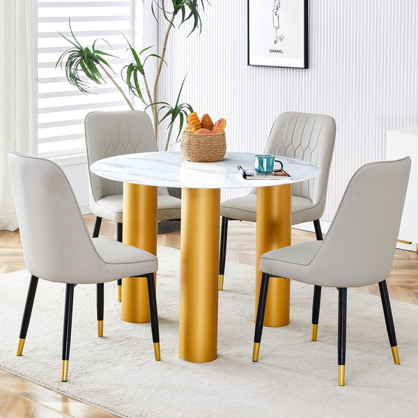 English Elm Round white dining table with faux marble top, gold MDF legs, seats 4, easy-clean, quick assembly W1151S00812