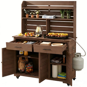 English Elm (assembly Video) Topmax Solid Fir Outdoor Potting Bench Grill Cart with Hutch Storage Brown N717P404333D