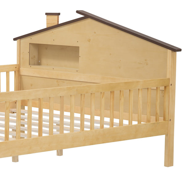 English Elm Full Full Size Wood Platform Bed with House Headboard, LED Lights & Built-In Storage, Natural Finish N709P184430M