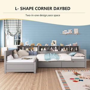 English Elm Twin Corner Daybed with Storage Drawers Bookshelf Wood L-shape Frame for Small Rooms Grey N733S369272E