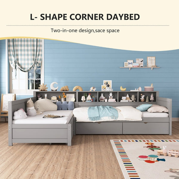 English Elm Twin Corner Daybed with Storage Drawers Bookshelf Wood L-shape Frame for Small Rooms Grey N733S369272E