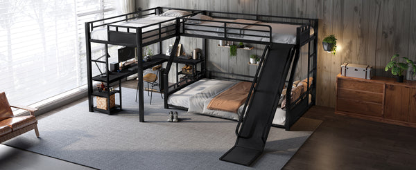 English Elm L-Shaped Metal Bunk Bed With Twin Xl Loft, Queen Bed, Desk, Shelves & Slide - Space-Saving Design! W1580S00279