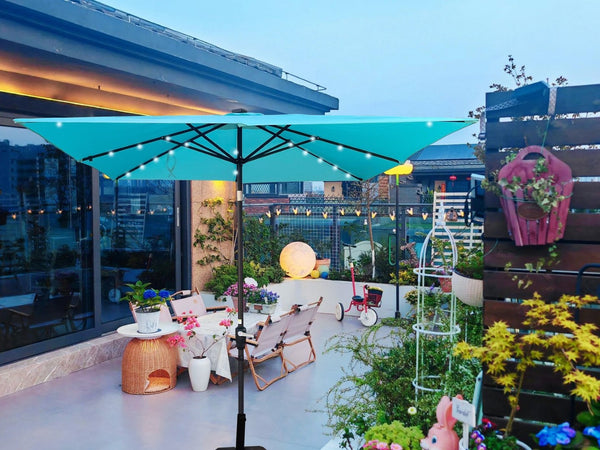 English Elm Square Solar Led Patio Umbrella with Wind Vent Crank Lift and Cross Base for Outdoor Shade Turquoise W656P242120