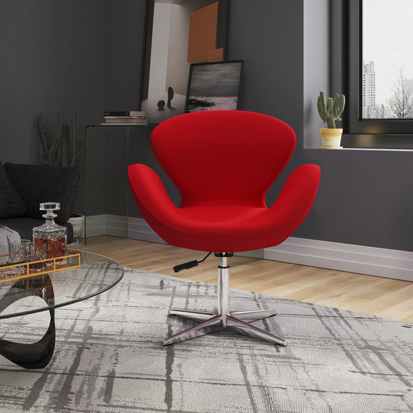 English Elm Raspberry Upholstered Swivel Lounge Chair with Adjustable Height, Polished Chrome Base & Plush Seat Red B365P397950
