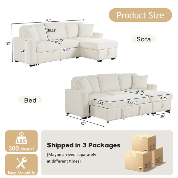 English Elm U_style Modular Sectional Sleeper Sofa with Storage Chaise and Cup Holders for Living Room Beige WY000467AAA