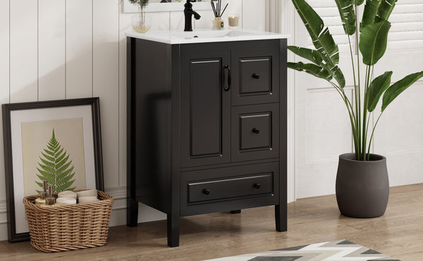 English Elm Christopher Knight Home® - 24 Freestanding Retro Bathroom Vanity with Ceramic Sink, Soft-Close Cabinet & Drawers, Painted MDF Finish Black N759P292551B