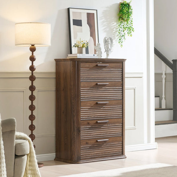 English Elm 6 Drawer Tall Fluted Chest with Waveform Fronts Slim Wooden Storage for Modern Bedroom Walnut T5326P425092