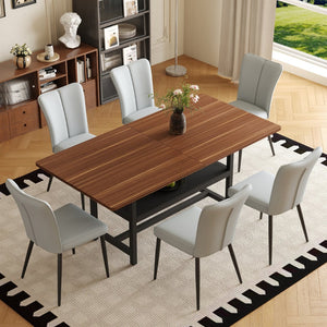 English Elm Table And Chair Set - 71" Walnut Grain Dining Table With 6 Light Gray Pu Chairs For Modern Spaces W1151S04284-GIGA