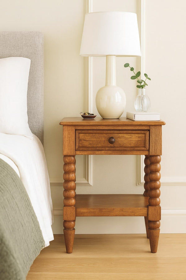 English Elm Solid Mango Wood Spindle Nightstand with Drawer and Shelf for Farmhouse Bedrooms B182P372189