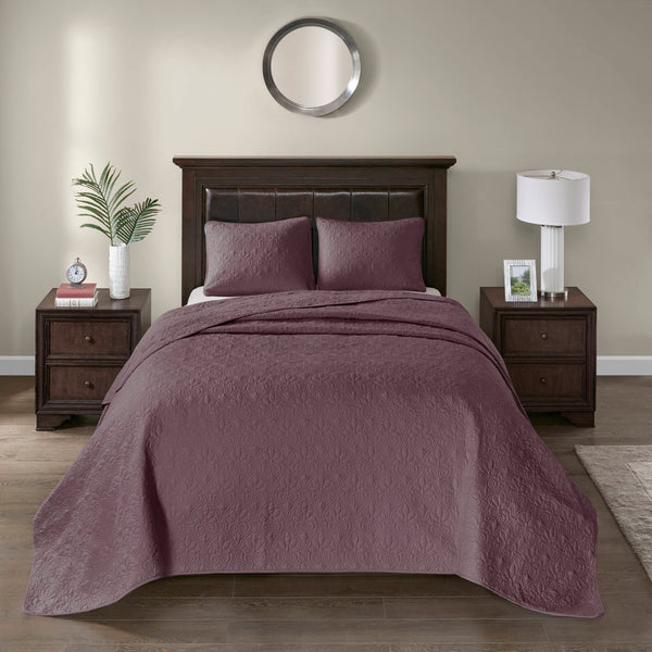 JLA Home Madison Park - 3 Piece Reversible Bedspread Set with Quilted Stitch Texture, Prewashed Cotton Fill & Antimicrobial Protection Purple MP13-6154