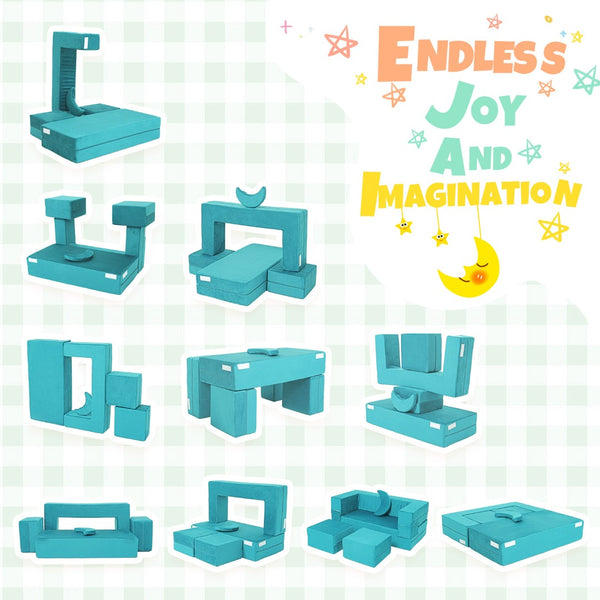 English Elm 5-piece Modular Foam Play Couch Velvet Toddler Sofa Foldable Kids Playroom Set Cyan T5880P493436