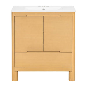English Elm [video] 30 Inch Freestanding Bathroom Vanity Pine Legs Ceramic Sink Soft Close Storage Oak N759P412928O