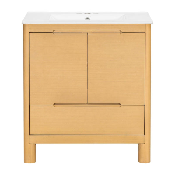 English Elm [video] 30 Inch Freestanding Bathroom Vanity Pine Legs Ceramic Sink Soft Close Storage Oak N759P412928O