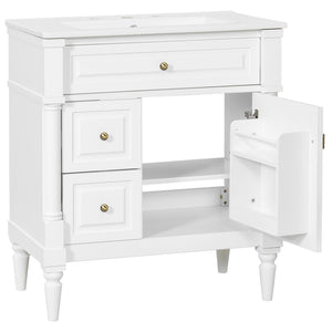English Elm 30" Freestanding Bathroom Vanity Rubberwood Frame Ceramic Sink Flip Drawer Storage White N725P356062K