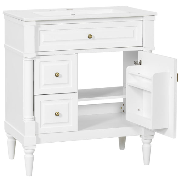 English Elm 30" Freestanding Bathroom Vanity Rubberwood Frame Ceramic Sink Flip Drawer Storage White N725P356062K