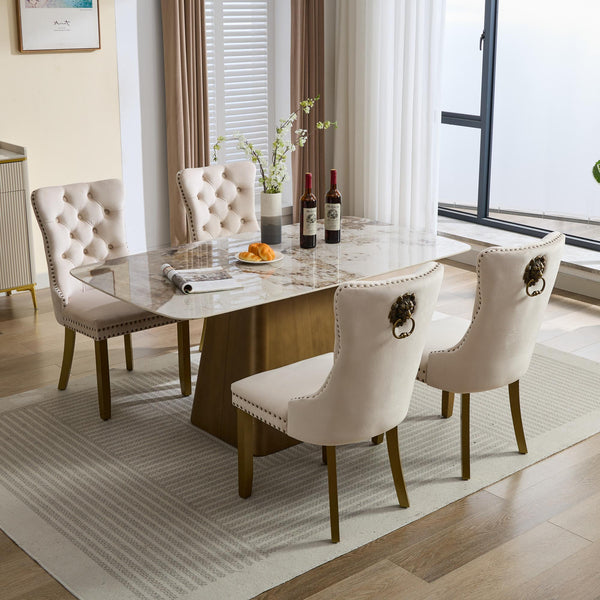 English Elm Mid-Century Tufted Velvet Dining Chair with Lion Head Pull Ring, Gold Legs, Nailhead Trim, Luxurious Support Beige W1143P233644