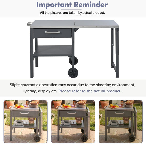 English Elm Outdoor Bbq Prep Cart Rolling Stainless Steel Grill Station with Foldable Work Surface Gray N719P407403E
