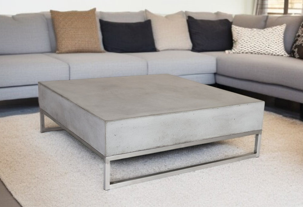 HomeRoots Modern Square Dark Gray Concrete Coffee Table with Sturdy Steel Base for Indoor & Outdoor Use 472127