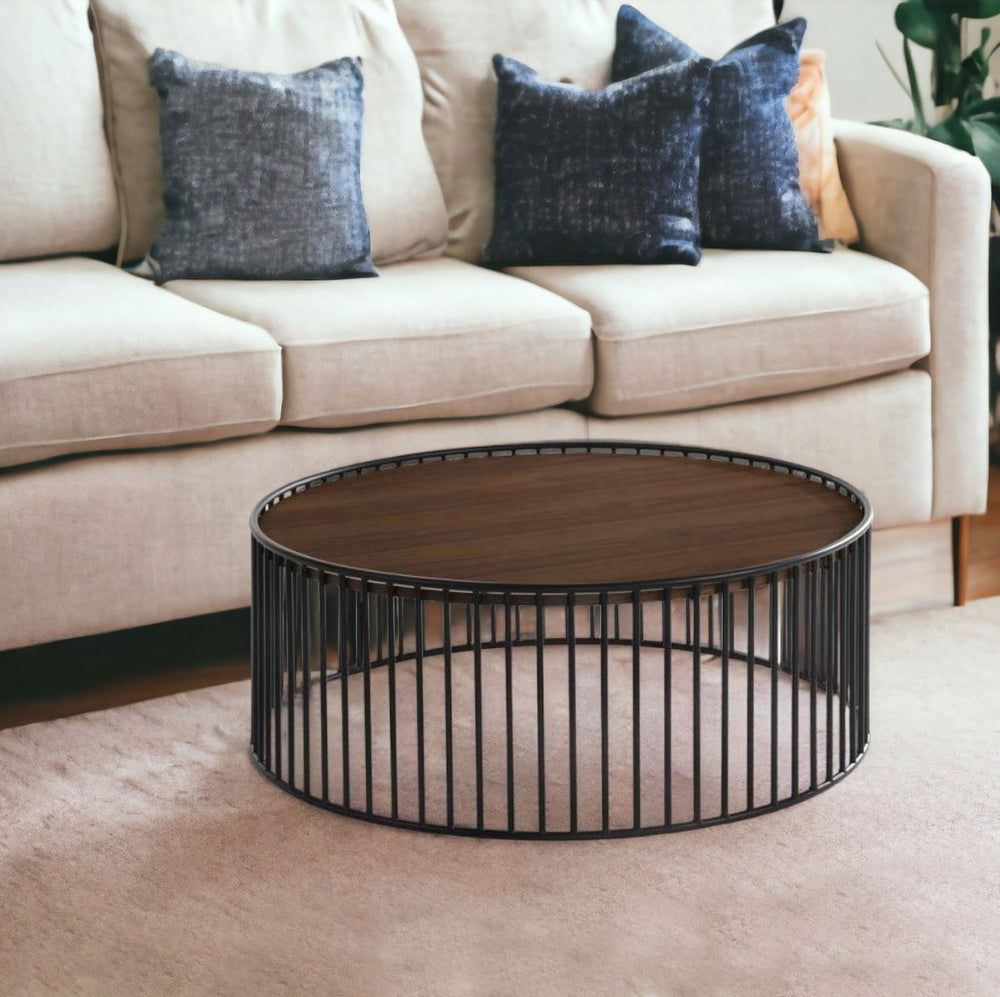 Homeroots Modern Walnut And Black Metal Rods Round Coffee Table   472128