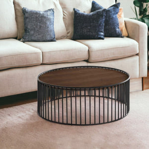 Homeroots Modern Walnut And Black Metal Rods Round Coffee Table   472128