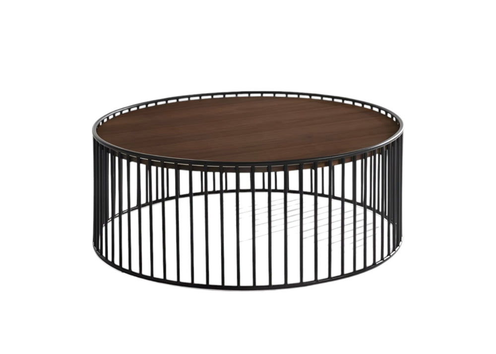 HomeRoots 36" Modern Round Coffee Table with Brown Wood Top & Black Metal Frame - No Assembly Required! 472128