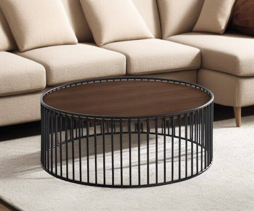 HomeRoots 36" Modern Round Coffee Table with Brown Wood Top & Black Metal Frame - No Assembly Required! 472128