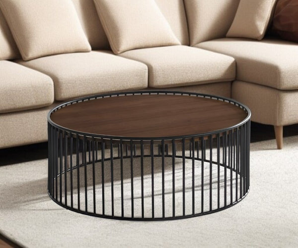 HomeRoots 36" Modern Round Coffee Table with Brown Wood Top & Black Metal Frame - No Assembly Required! 472128