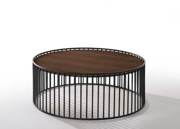 Homeroots Modern Walnut And Black Metal Rods Round Coffee Table   472128