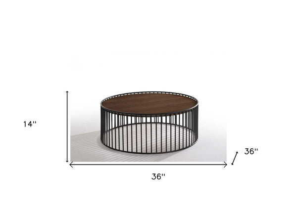 Homeroots Modern Walnut And Black Metal Rods Round Coffee Table   472128
