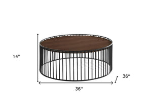 HomeRoots 36" Modern Round Coffee Table with Brown Wood Top & Black Metal Frame - No Assembly Required! 472128