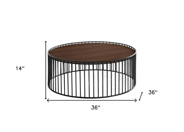 HomeRoots 36" Modern Round Coffee Table with Brown Wood Top & Black Metal Frame - No Assembly Required! 472128