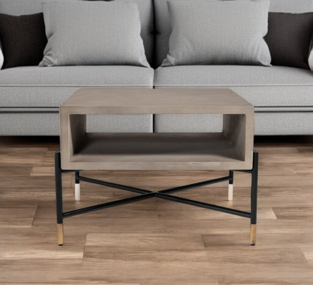 HomeRoots 25" Modern Industrial Gray Concrete and Black Metal Square Coffee Table with Shelf for Storage 472129
