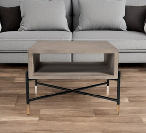 HomeRoots 25" Modern Industrial Gray Concrete and Black Metal Square Coffee Table with Shelf for Storage 472129