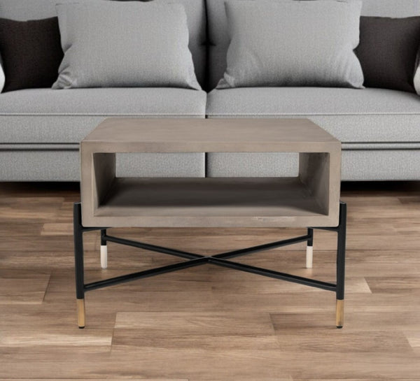 HomeRoots 25" Modern Industrial Gray Concrete and Black Metal Square Coffee Table with Shelf for Storage 472129