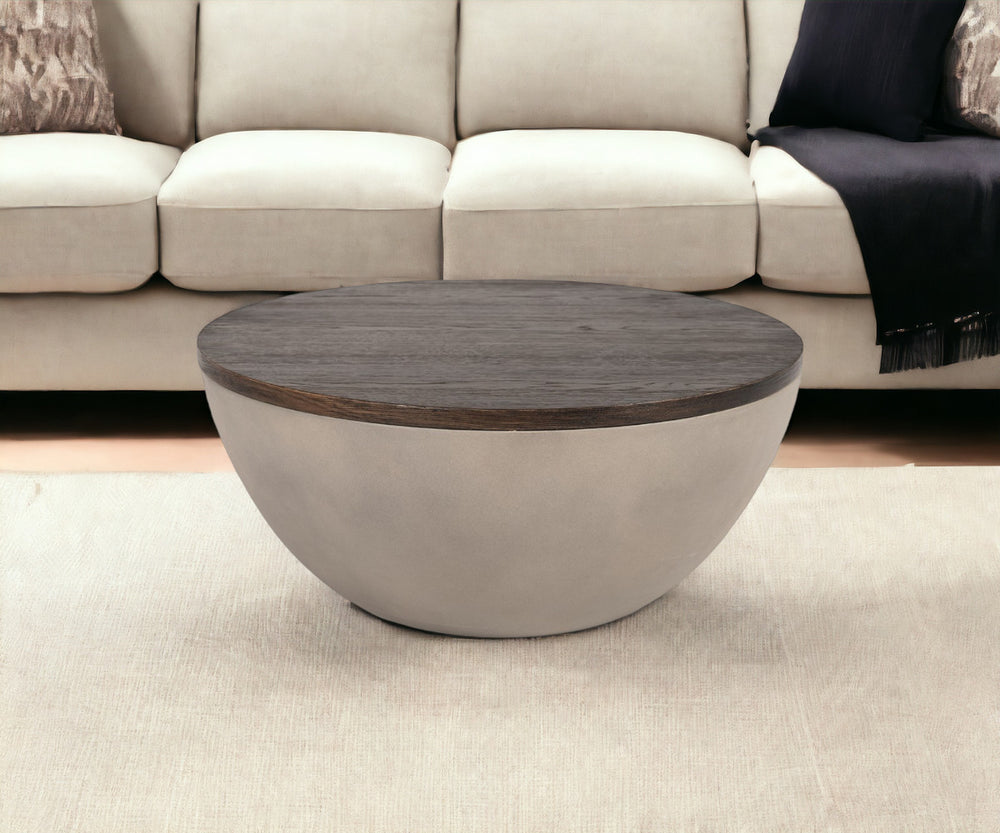 Homeroots Modern Grey Concrete And Brown Oak Round Coffee Table   472130