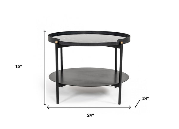 Homeroots Modern Black Marble Painted Round Metal Coffee Table   472132