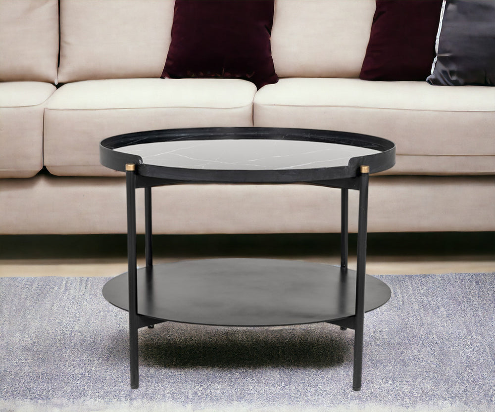 Homeroots Modern Black Marble Painted Round Metal Coffee Table   472132