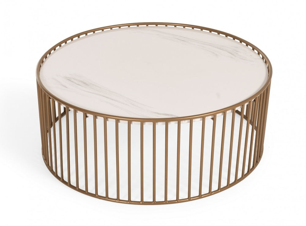 Homeroots Modern Round White And Gold Faux Marble Coffee Table   472136