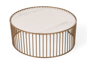 Homeroots Modern Round White And Gold Faux Marble Coffee Table   472136