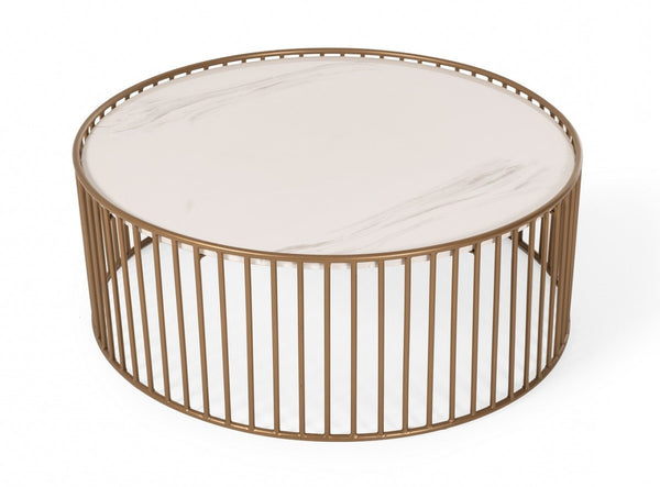 Homeroots Modern Round White And Gold Faux Marble Coffee Table   472136