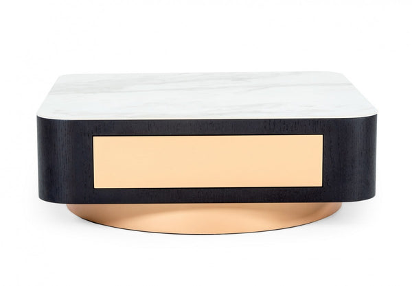 Homeroots Modern White Black And Rose Gold Coffee Table With One Drawer   472139