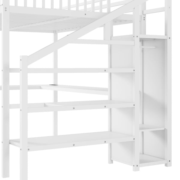 English Elm Metal Queen Loft Bed with Wardrobe, LED Light, L-Shaped Desk and USB Ports for Space-Saving Rooms White 65.75 L x 17.52 W x 6.3 H W2593S00039