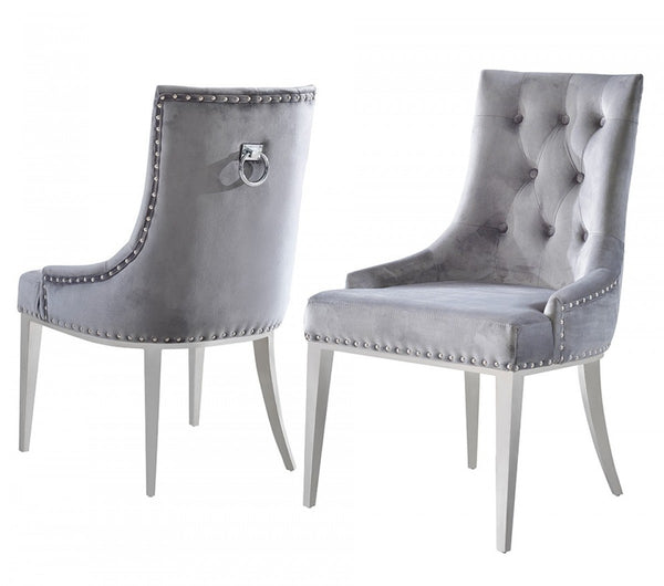 Homeroots Set Of Two Grey Velvet Tufted Dining Chairs  Metal 472184
