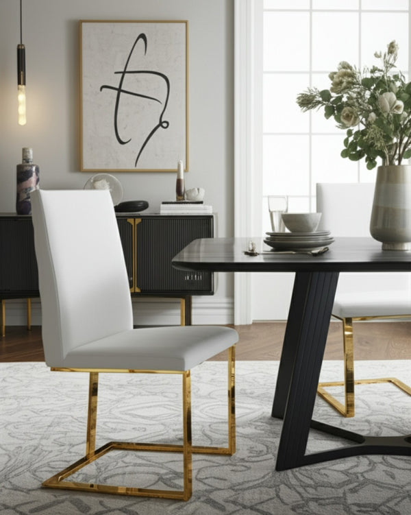 HomeRoots White Upholstered Faux Leather Dining Side Chair with Gold Legs - Modern, Chic Design for Versatile Use 472185
