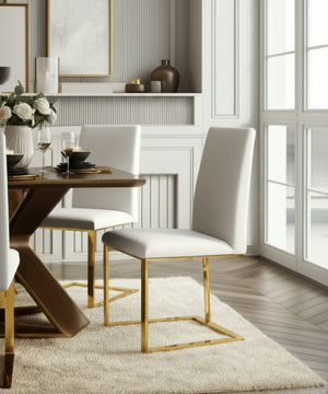 HomeRoots White Upholstered Faux Leather Dining Side Chair with Gold Legs - Modern, Chic Design for Versatile Use 472185